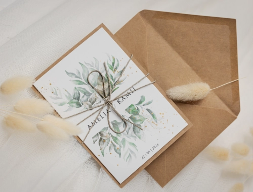 Zaproszenia ślubne Leaves z ekologiczną kopertą i sznurkiem