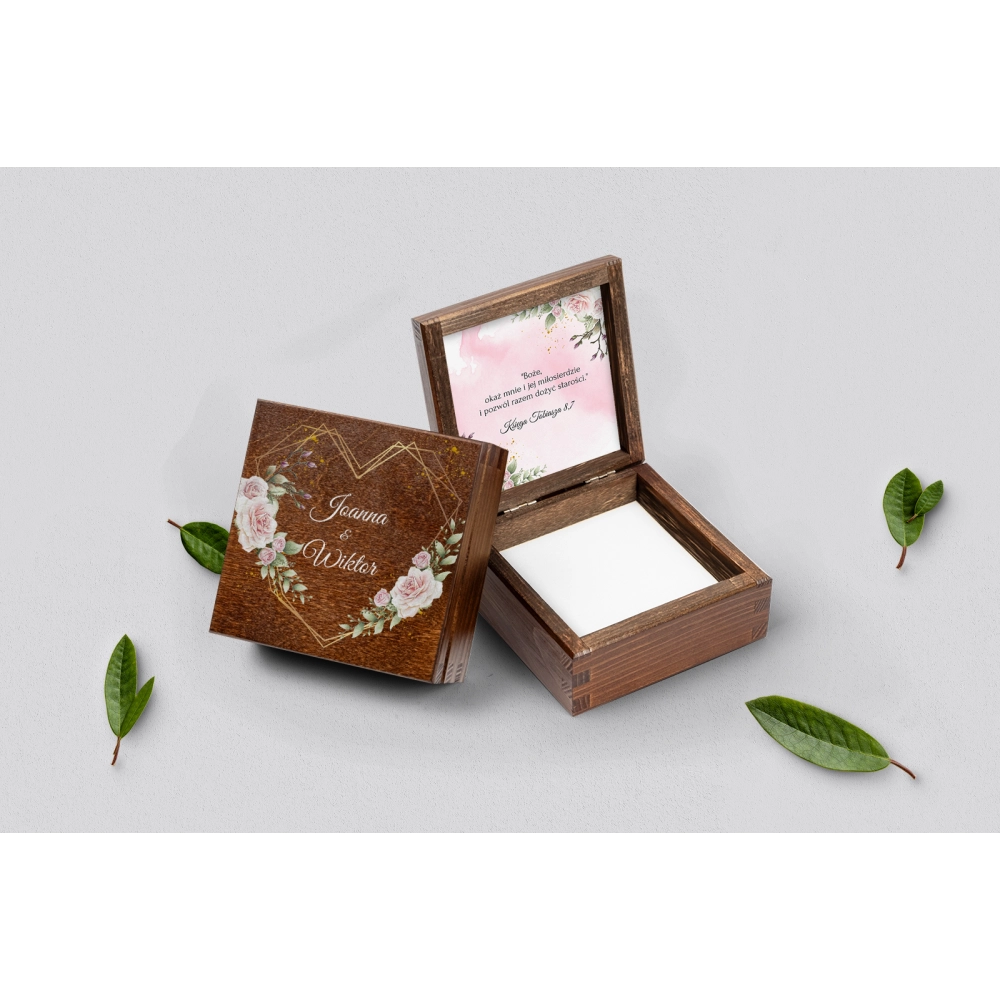 Pudełko na obrączki brązowe - Złote Serca