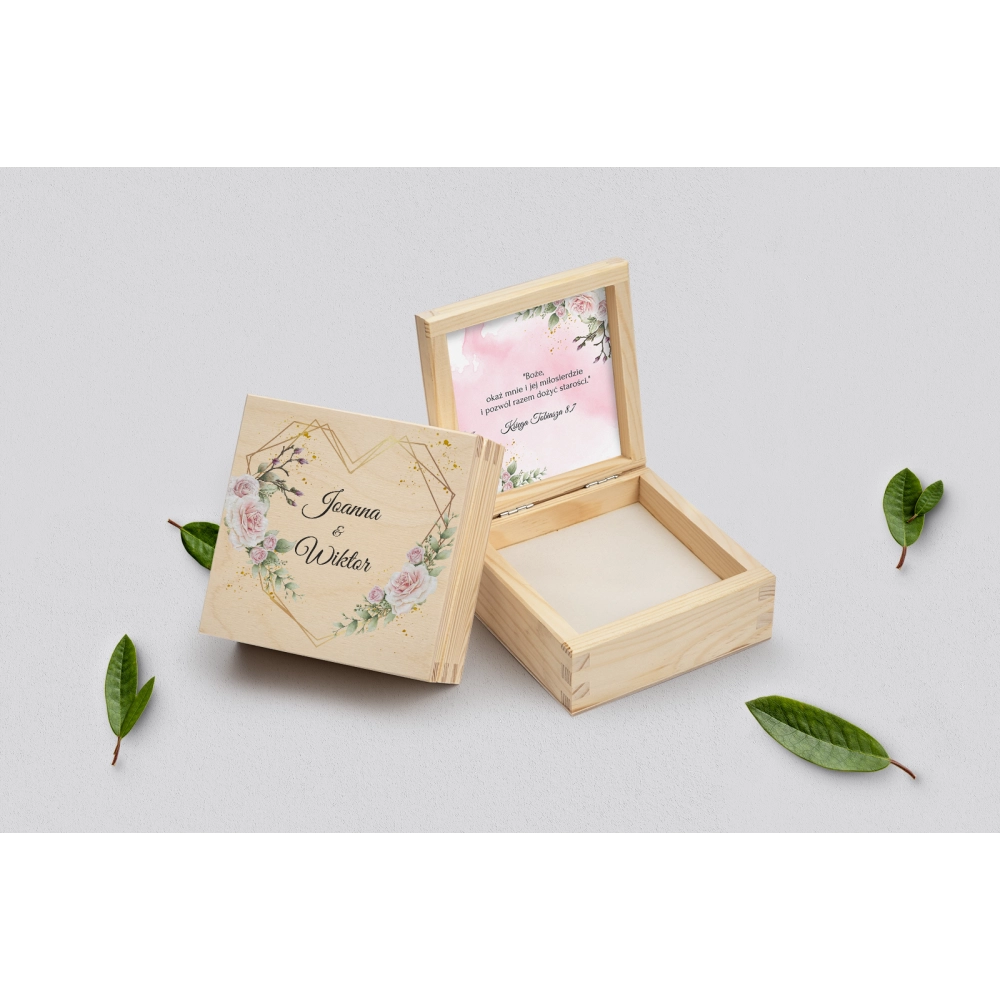 Pudełko na obrączki naturalne - Złote Serca