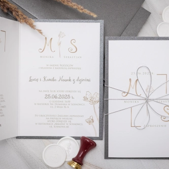 Eleganckie Zaproszenia ślubne Fiori ze kopertą srebrno perłową, podklejką oraz ze srebrnym sznurkiem