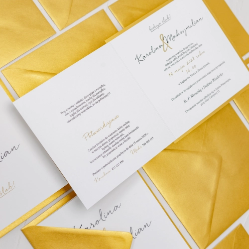 Nowoczesne zaproszenie ślubne Golden Elegance z kopertą złotą perłową i podklejką