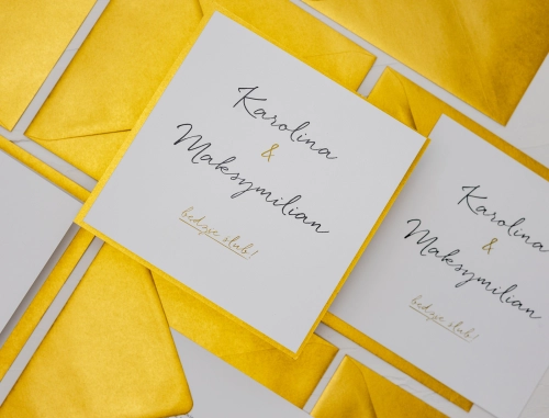 Nowoczesne zaproszenie ślubne Golden Elegance z kopertą złotą perłową i podklejką