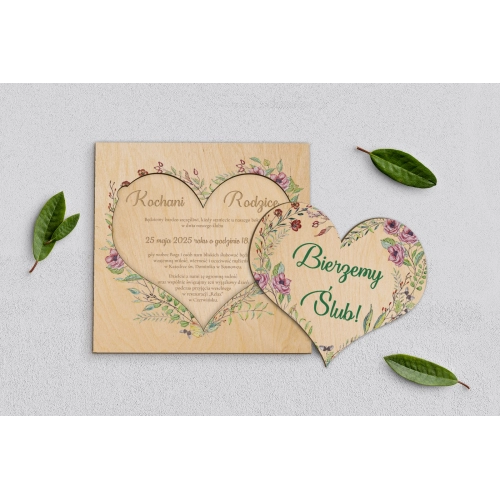 Drewniane Zaproszenie dla Rodziców - Heart of Flowers - Motyw 3