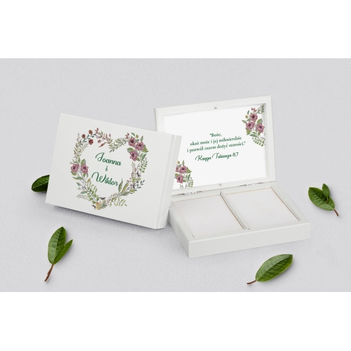 Pudełko na obrączki prostokątne białe - Heart of Flowers Motyw 3