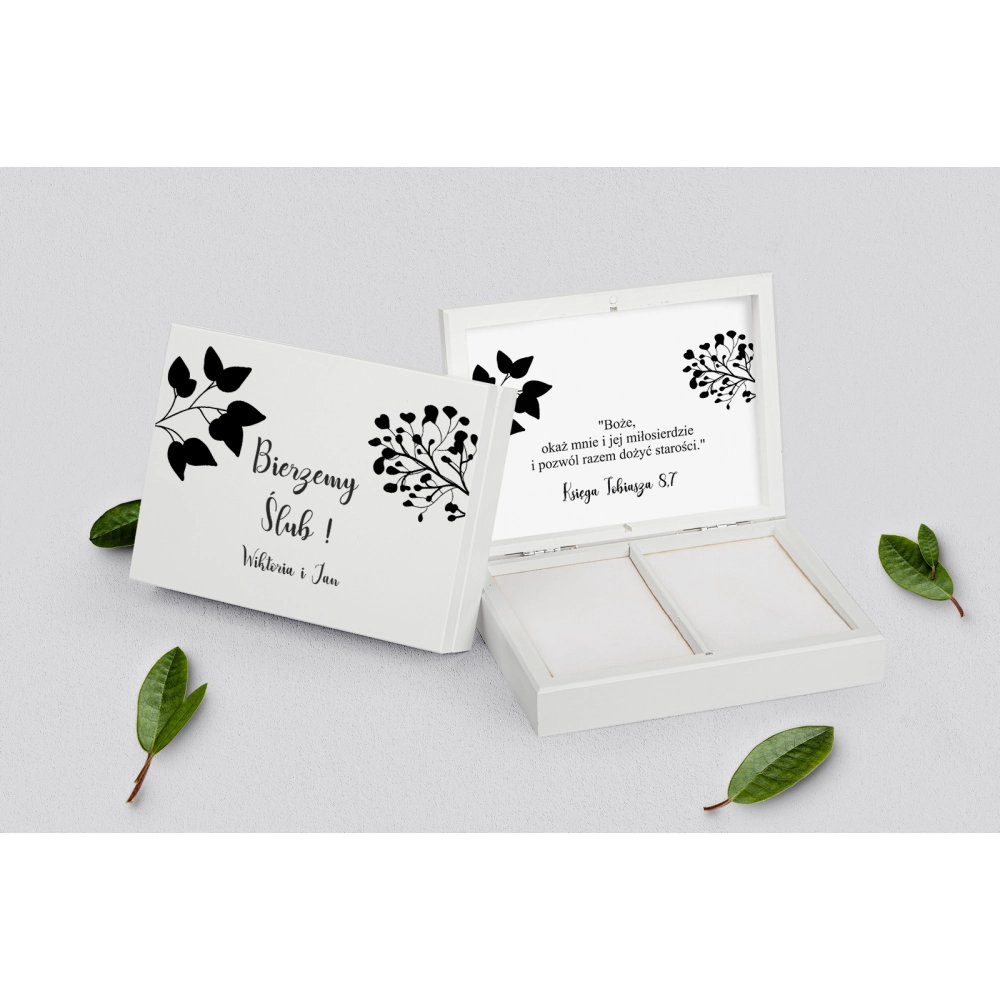 Pudełko na obrączki prostokątne białe - Boho Motyw 3