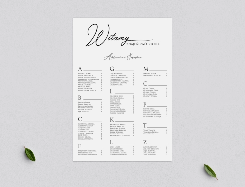 Elegancki plan stołów weselnych z uporządkowaną alfabetycznie listą gości