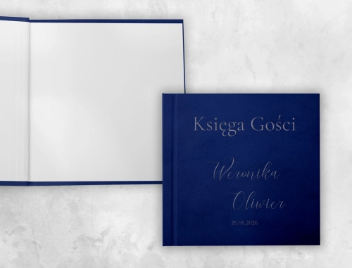 Granatowa kwadratowa Welurowa Księga Gości Weselnych z Grawerem Minimalistyczne Motyw 1