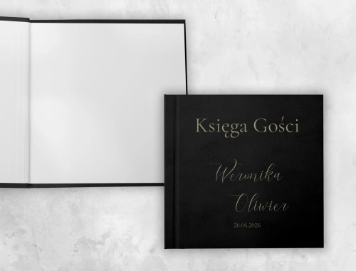 Czarna kwadratowa Welurowa Księga Gości Weselnych z Grawerem Minimalistyczne Motyw 1