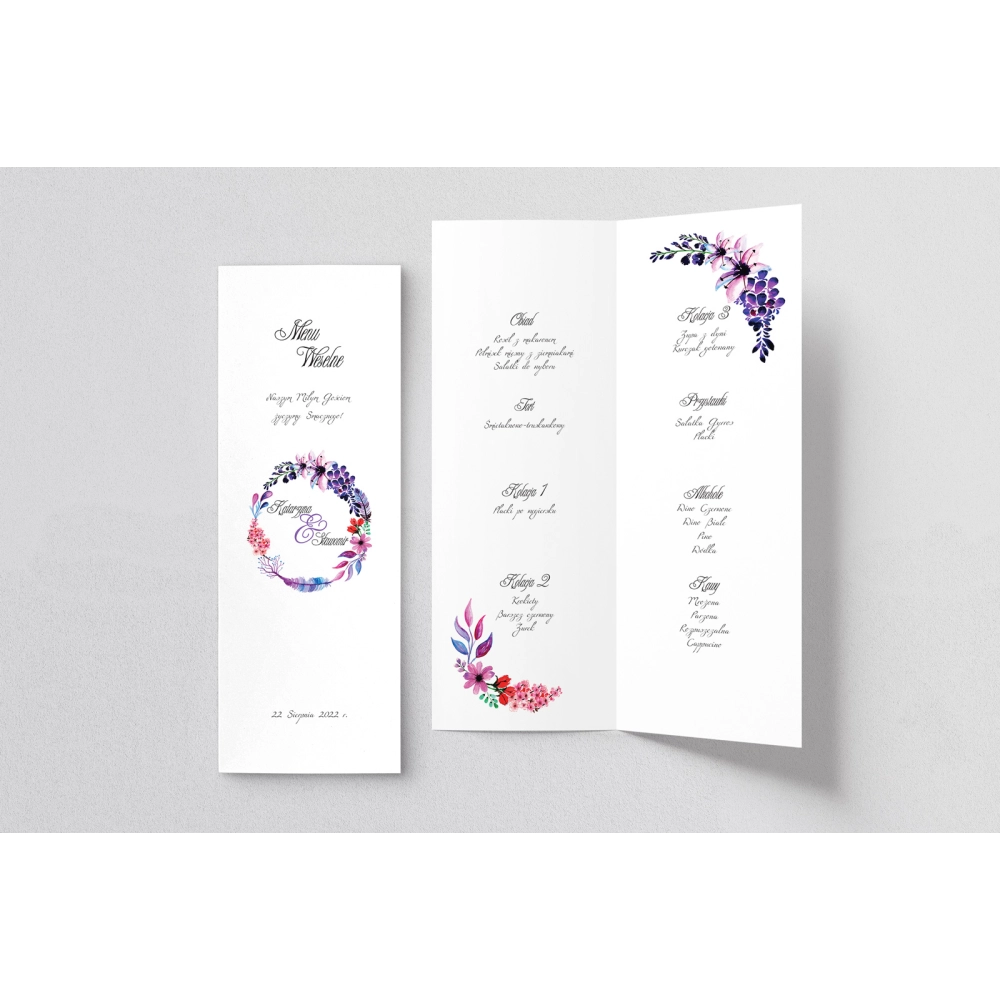 Menu Weselne Akwarelowe Wianki - Motyw 7