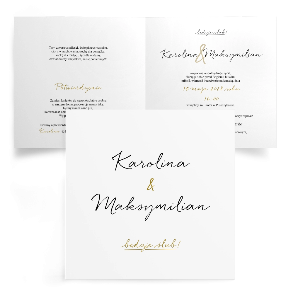 Zaproszenia ślubne Kwadratowe Składane Golden Elegance - Motyw 1