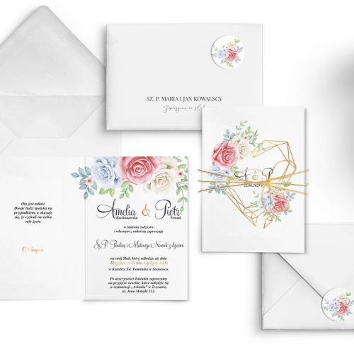 Zaproszenia ślubne Geometryczne Serce ze sznurkiem złotym i kopertą z zaklejką