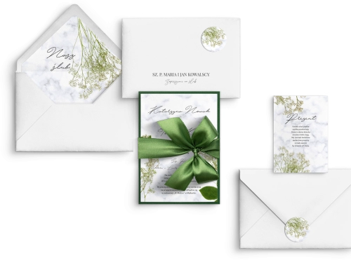 Zielone Zaproszenia ślubne Marble leaf - Motyw 3 z zieloną kokardą, kopertą i wkładką
