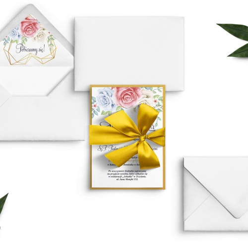 Zaproszenia ślubne Geometryczne Serce ze wstążką satynową, podklejką i koperta z wklejką