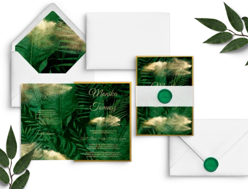 Zaproszenia ślubne Greenery - Składane z opaską z kalki, lakiem i złotą podklejką