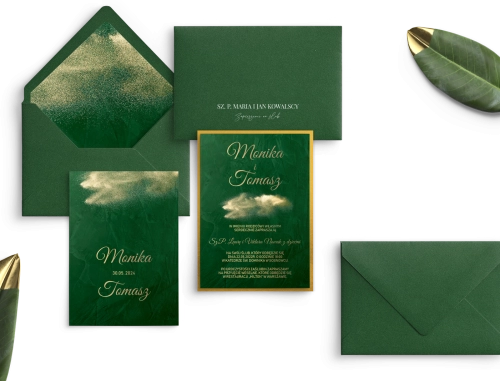 Zielone Zaproszenia ślubne Greenery z zieloną kopertą, wklejką i złotą podklejką