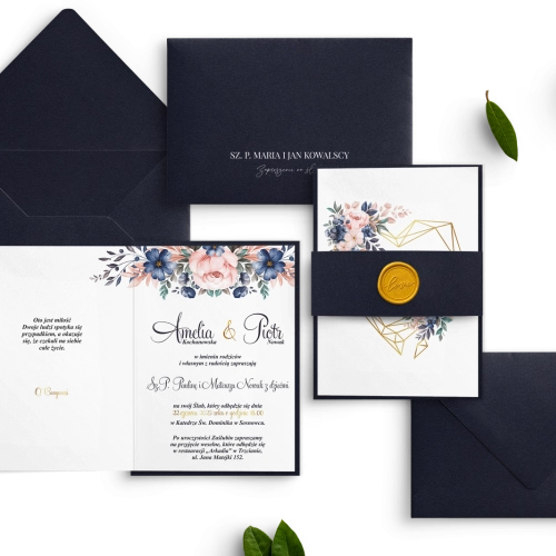 Śliczne Zaproszenia ślubne Geometryczne Serce z granatową podklejką, koperta i opaską z papieru z lakiem złotym