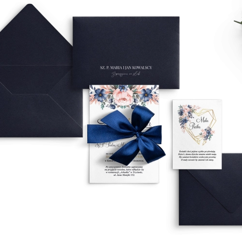 Granatowe Zaproszenia ślubne Geometryczne Serce z piękną kokardą, koperta i wkładką