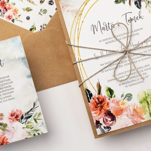 Rustykalne Zaproszenia ślubne Spring Love z akwarelowym motywem kościoła z ekologicznymi ozdobami
