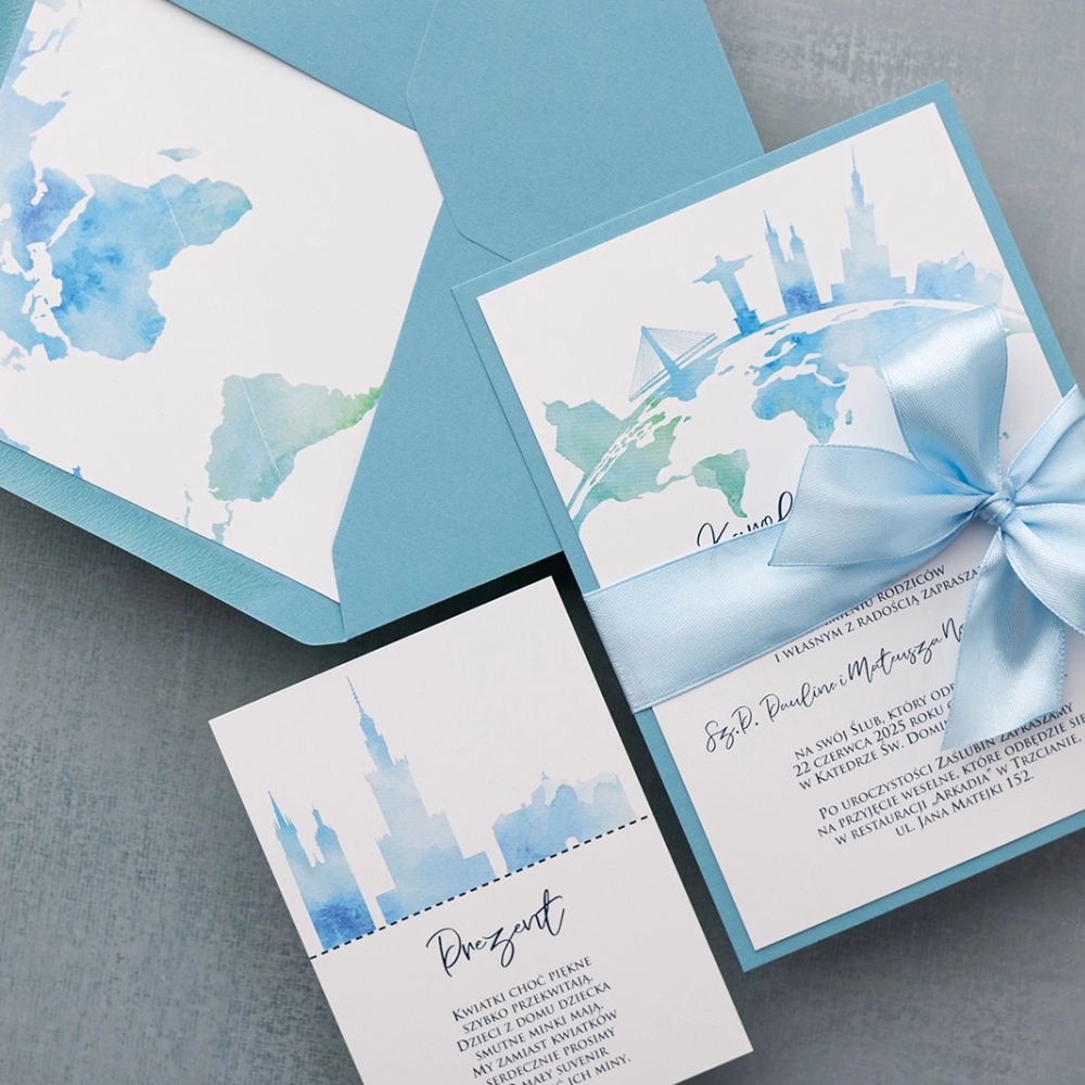 Podróżnicze Zaproszenia ślubne Mapa w błękitnych barwach