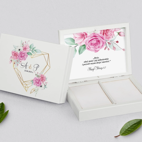 Pudełko na obrączki prostokątne białe - Geometryczne Serce Motyw 1