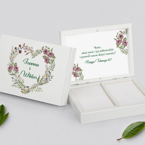 Pudełko na obrączki prostokątne białe - Heart of Flowers Motyw 3