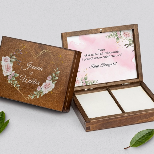 Pudełko na obrączki prostokątne brązowe - Złote Serca