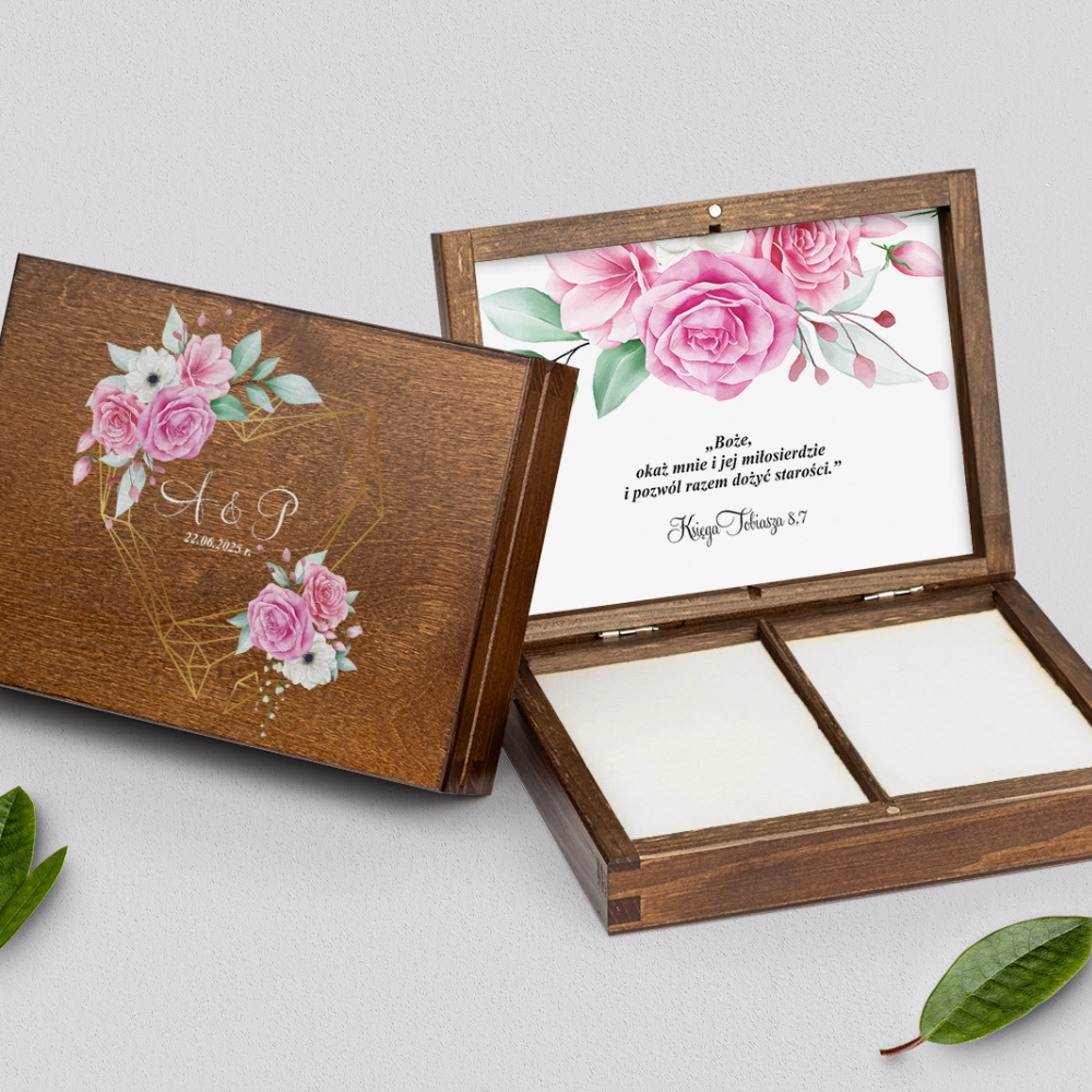 Pudełko na obrączki prostokątne brązowe - Geometryczne Serce Motyw 1