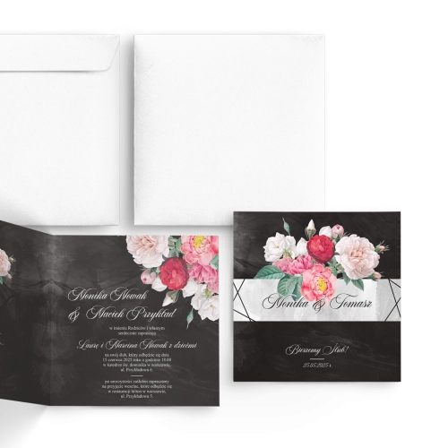 Zaproszenia ślubne Black Flowers - Składane Kwadrat Motyw 2