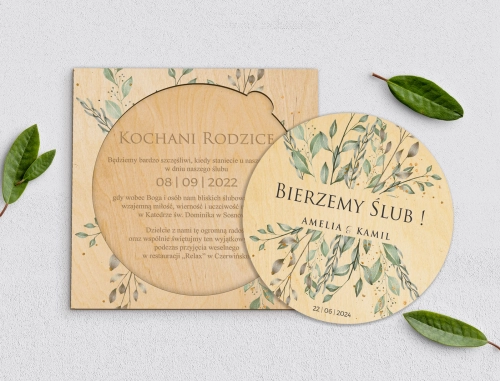Drewniane Zaproszenie dla Rodziców Koło - Leaves Motyw 3