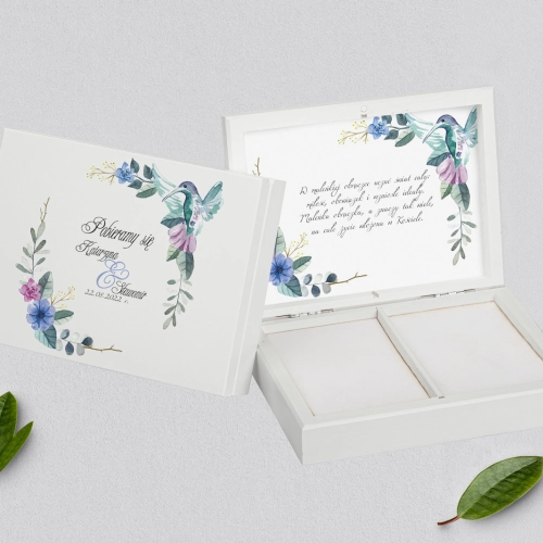 Pudełko na obrączki prostokątne białe - Akwarelowe Wianki Motyw 8