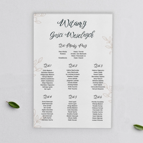 Plan stołów weselnych na płótnie Białe Liście - Motyw 1