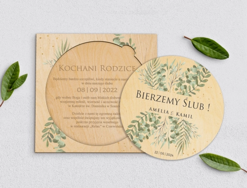 Drewniane Zaproszenie dla Rodziców Koło - Leaves Motyw 2