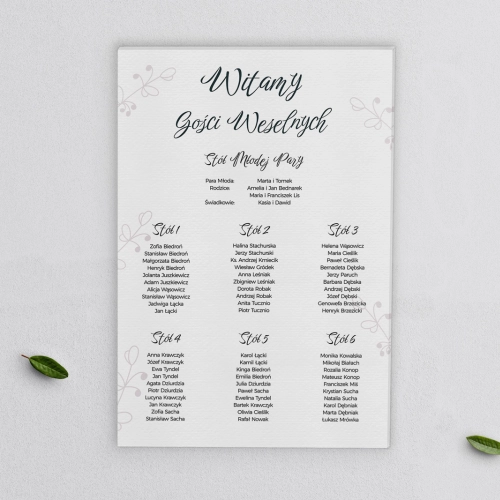 Plan stołów weselnych na płótnie Białe Liście - Motyw 3