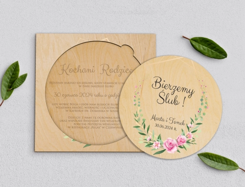 Drewniane Zaproszenie dla Rodziców Koło - Flowers & Frame Motyw 4