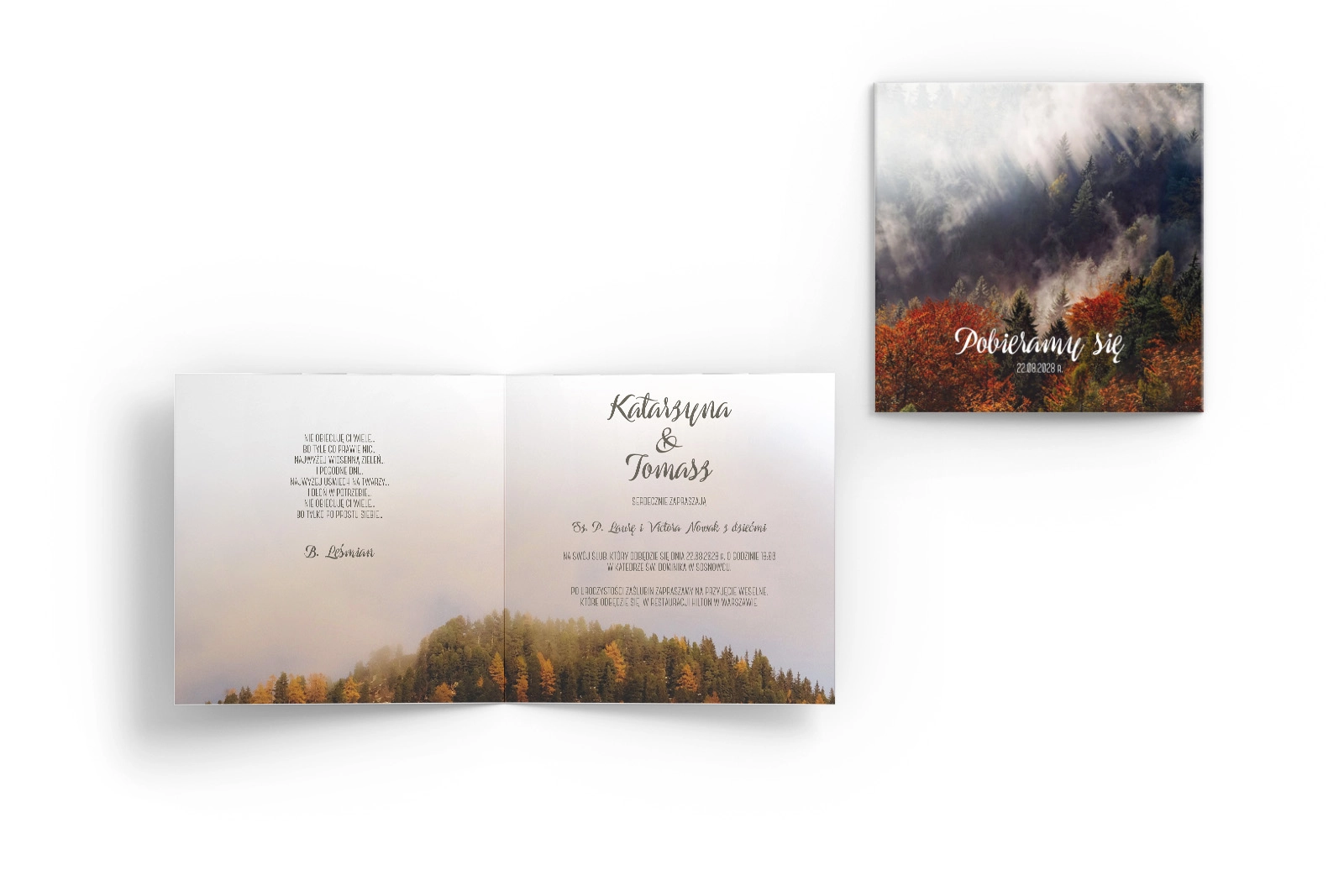 Zaproszenia ślubne Forest - Składane Kwadrat Motyw 3