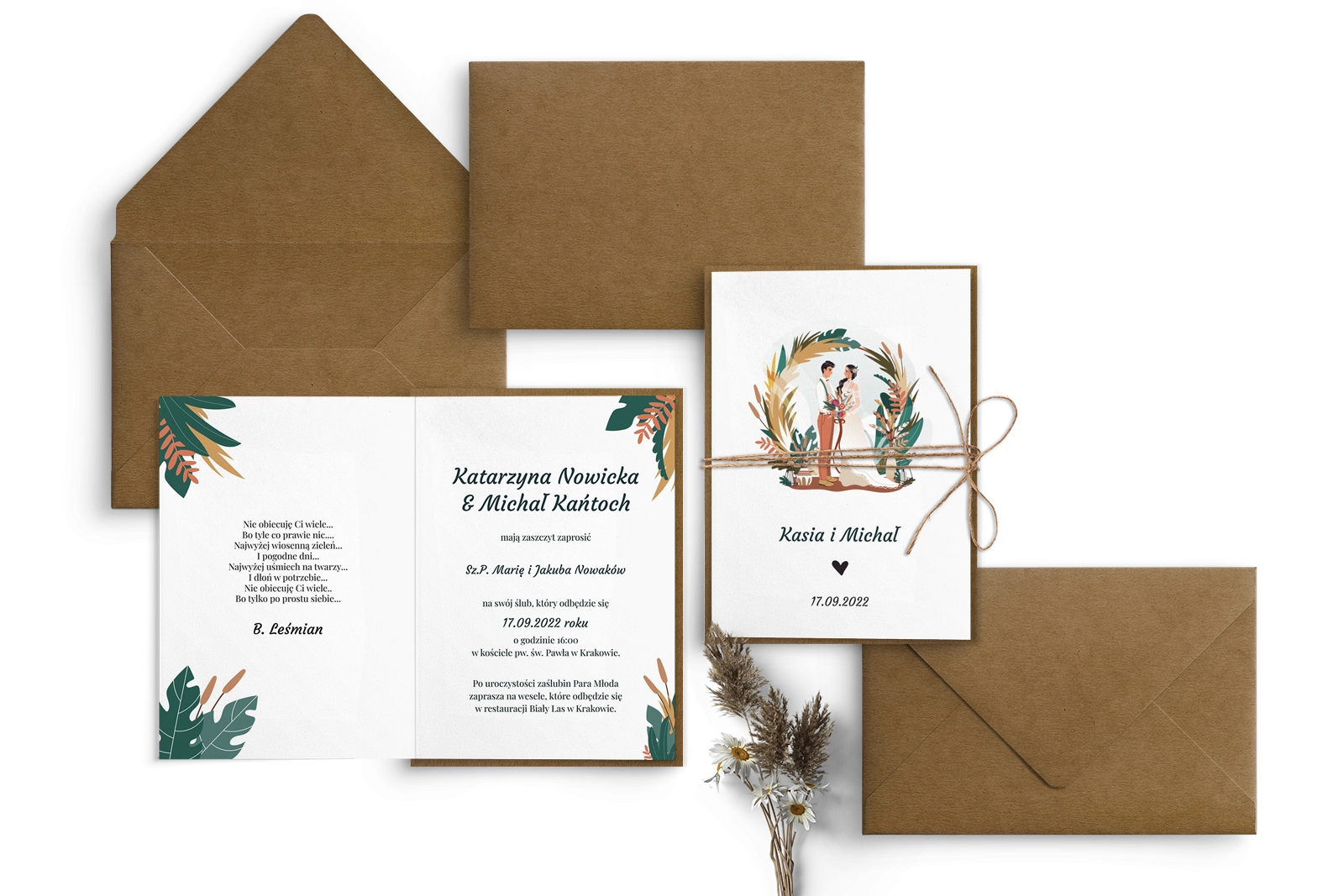 Ekologiczne składane Zaproszenia ślubne Boho wedding z eko sznurkiem
