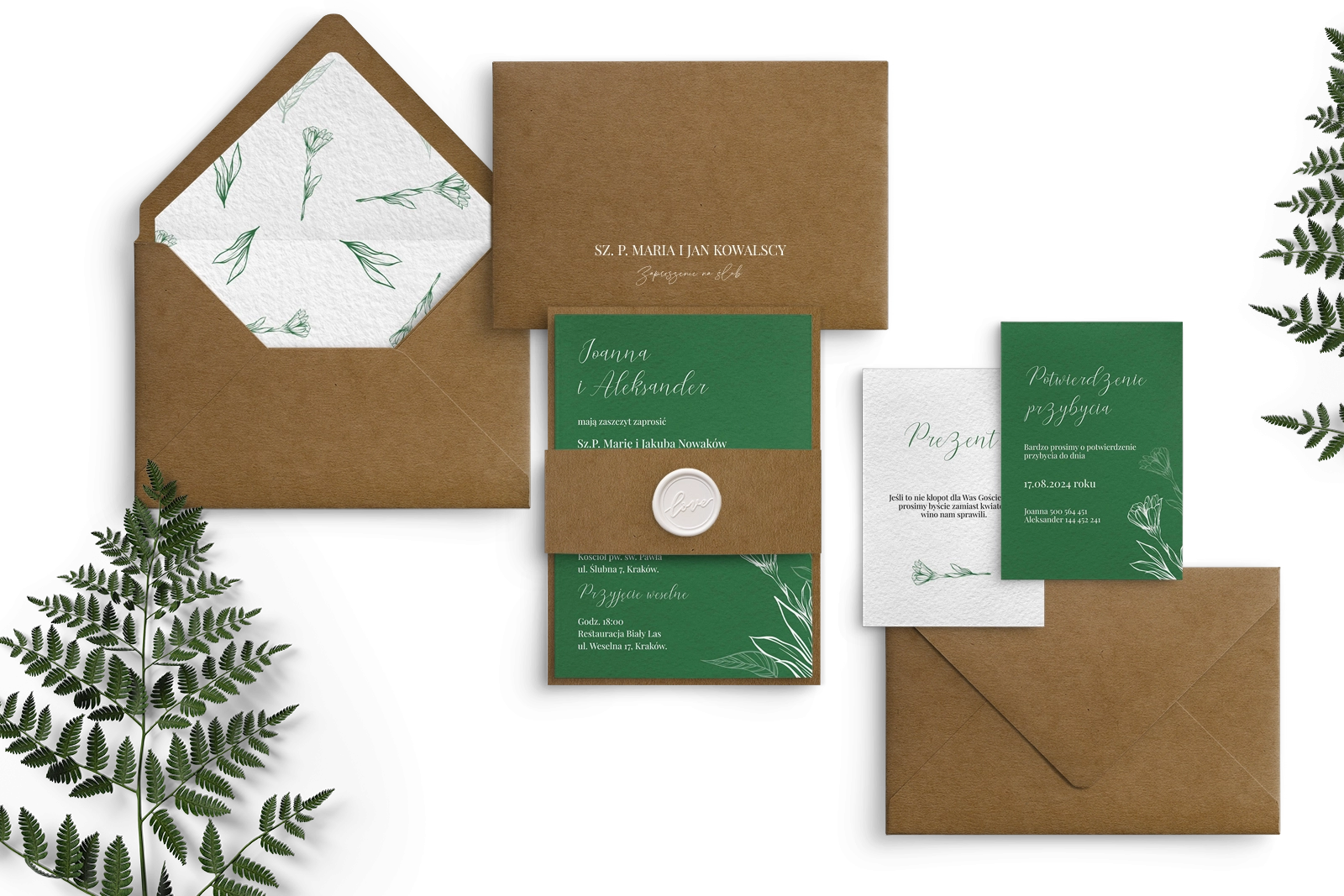Zaproszenie Paper drukowane na papierze satynowym z pięknymi dodatkami ekologicznymi i lakiem w kolorze białym