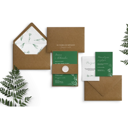 Zaproszenie Paper drukowane na papierze satynowym z pięknymi dodatkami ekologicznymi i lakiem w kolorze białym