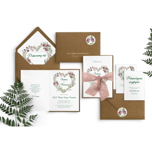 Nowoczesne zaproszenie ślubne z kopertą i podklejką ekologiczną oraz z wstążką szyfonową