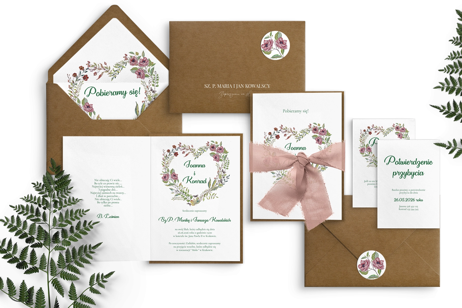 Nowoczesne zaproszenie ślubne z kopertą i podklejką ekologiczną oraz z wstążką szyfonową