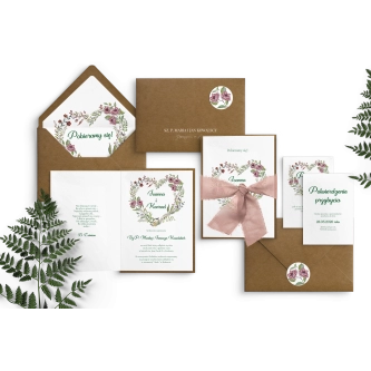 Nowoczesne zaproszenie ślubne z&nbsp;kopertą i&nbsp;podklejką ekologiczną oraz z&nbsp;wstążką szyfonową