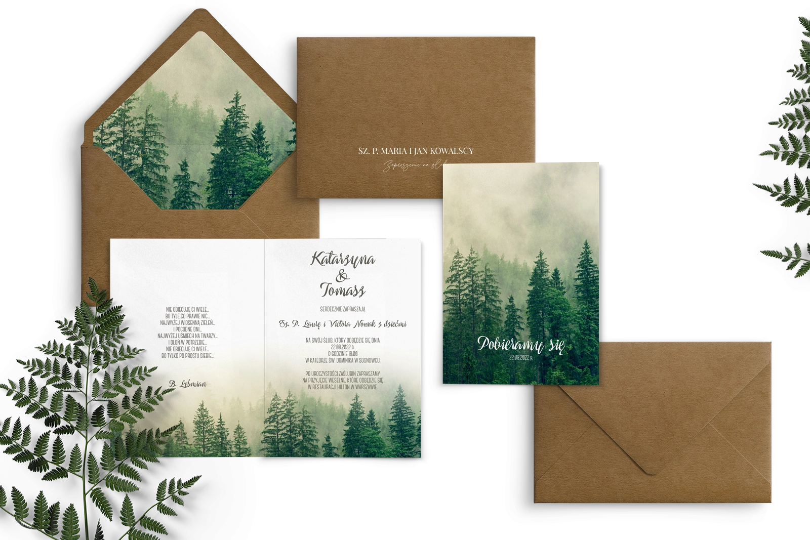 Ekologiczne Zaproszenia ślubne Forest - Składane z wkładką