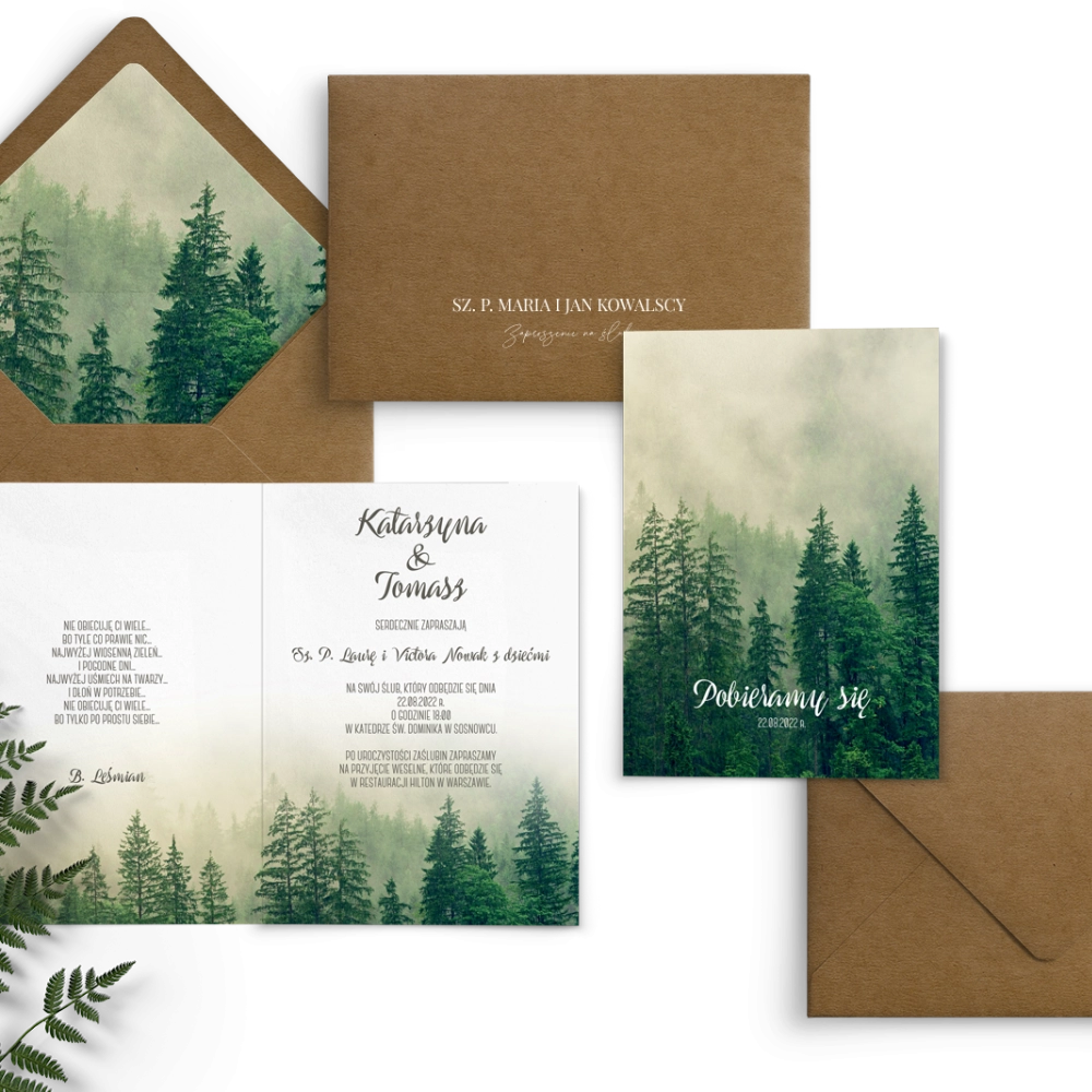 Ekologiczne Zaproszenia ślubne Forest - Składane z wkładką