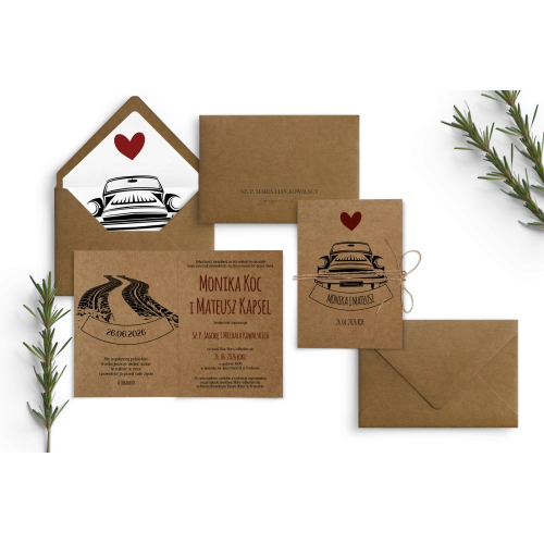 Podróżnicze zaproszenie ślubne drukowane na papierze eko ze sznurkiem i wklejką