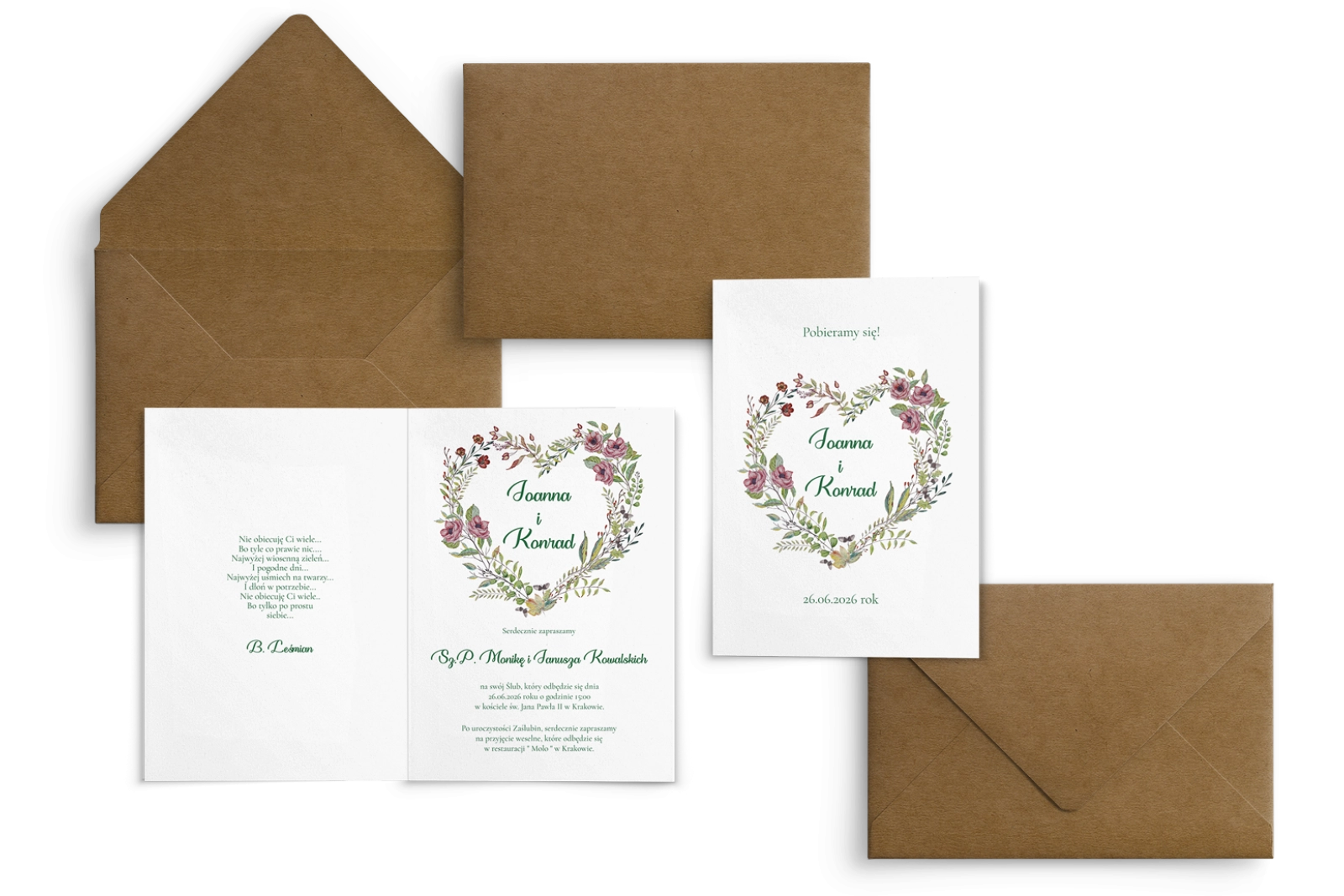 Zaproszenia ślubne Heart of Flowers - Składane motyw 3