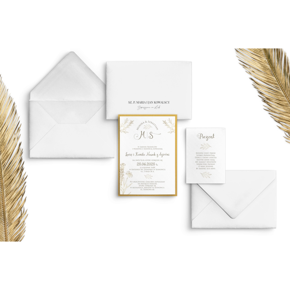 Eleganckie Zaproszenia ślubne Fiori - Motyw 1 ze złotą podklejką, białą kopertą i dodatkową wkładką