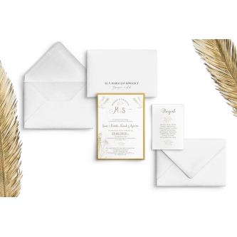 Eleganckie Zaproszenia ślubne Fiori - Motyw 1 ze złotą podklejką, białą kopertą i&nbsp;dodatkową wkładką
