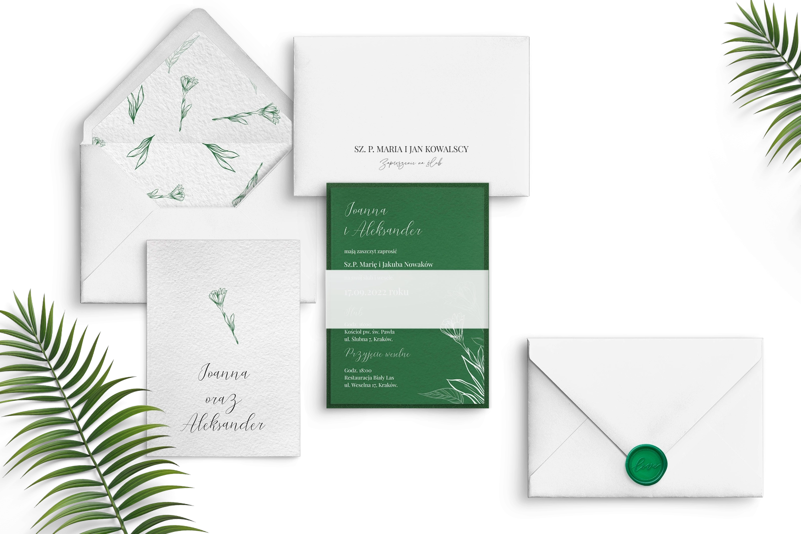 Zielone nowoczesne zaproszenie ślubne z kopertą, podklejką i lakiem zielonym
