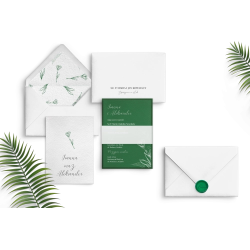 Zielone nowoczesne zaproszenie ślubne z kopertą, podklejką i lakiem zielonym