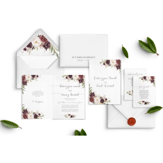 Zaproszenia ślubne PasteLove- Składane z&nbsp;białą kopertą, wklejką, czarną personalizacją i&nbsp;miedzianym lakiem